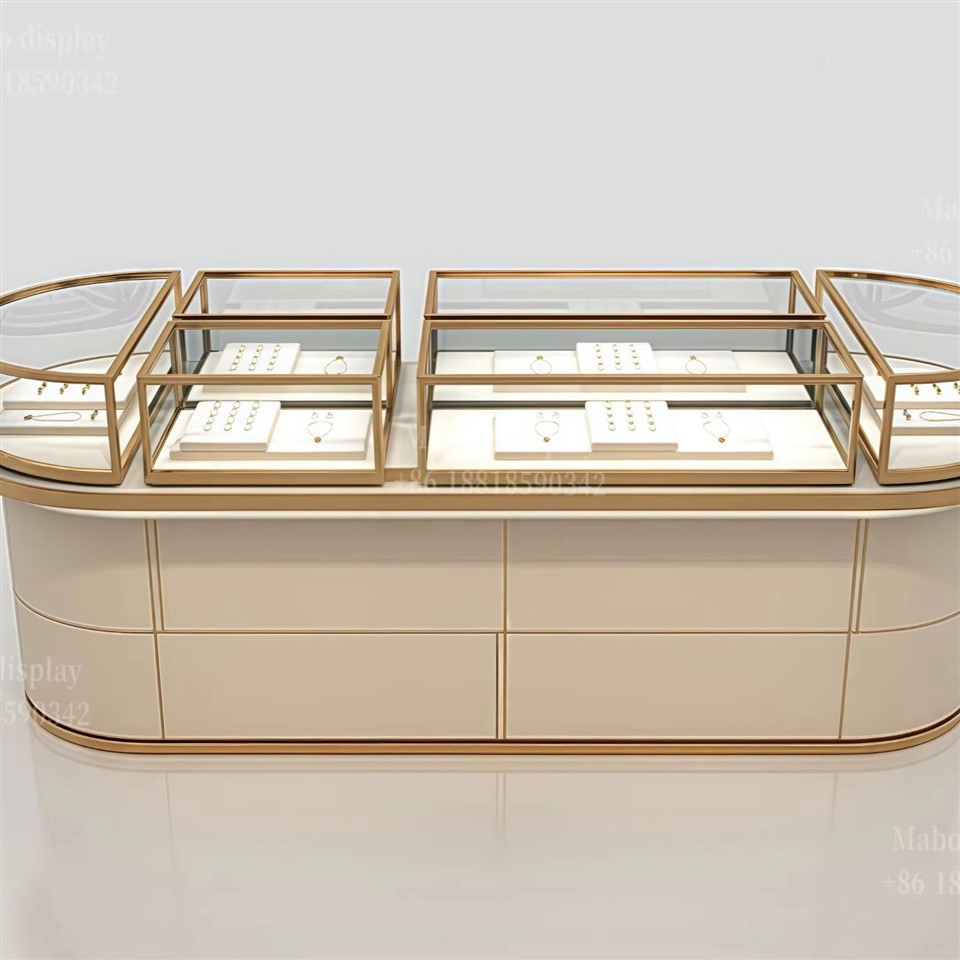 Solstice Cove Tiered Curved Jewelry Showcase With Cream Lacquer Base & Polished Gold Trim suppliers